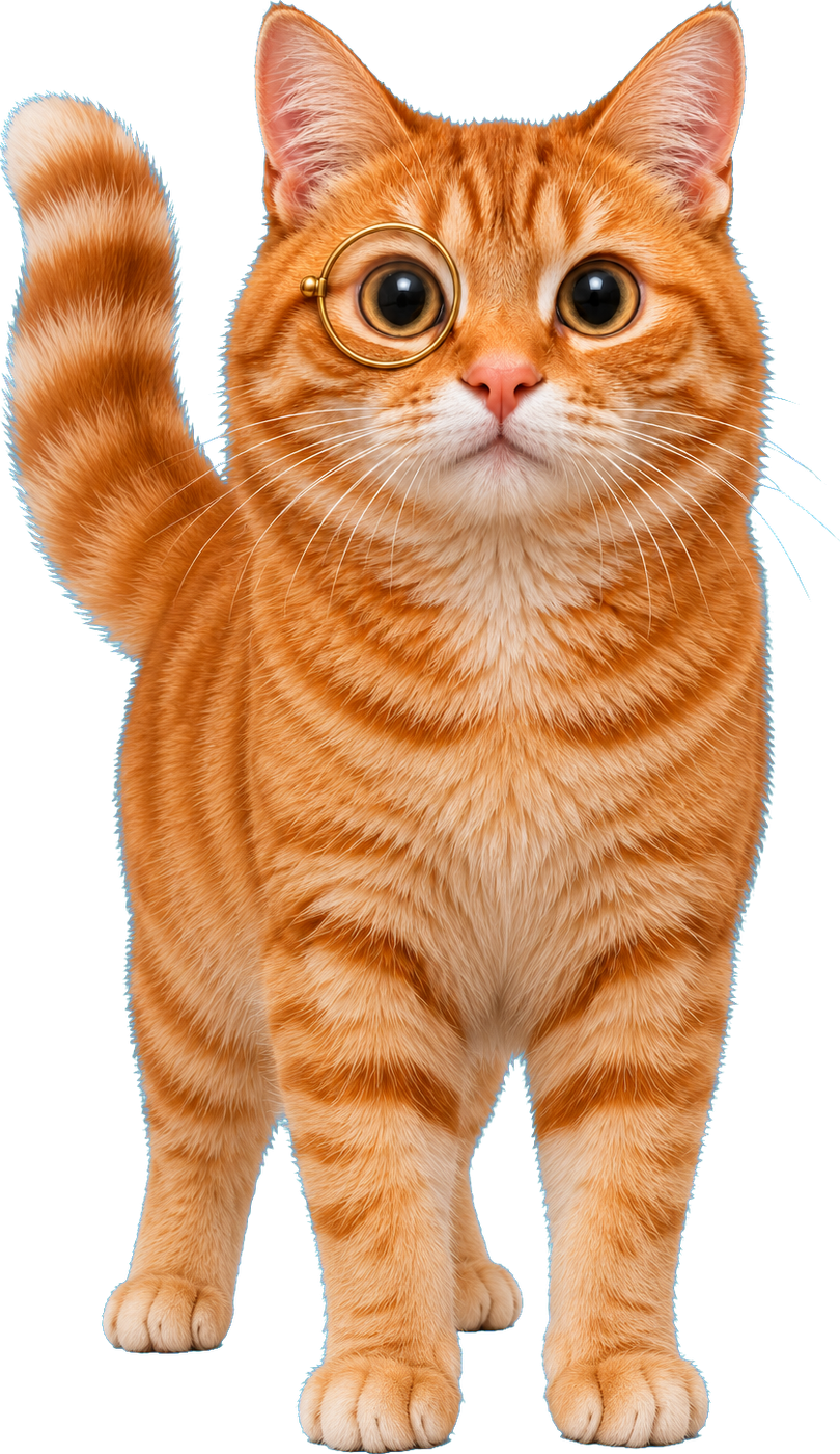 Realistic, front-facing orange tabby cat’s head with darker stripes, round dark eyes, a pink nose, a white muzzle and long white whiskers. A thin gold monocle with a clear lens leaves its right eye fully visible against a plain white background.