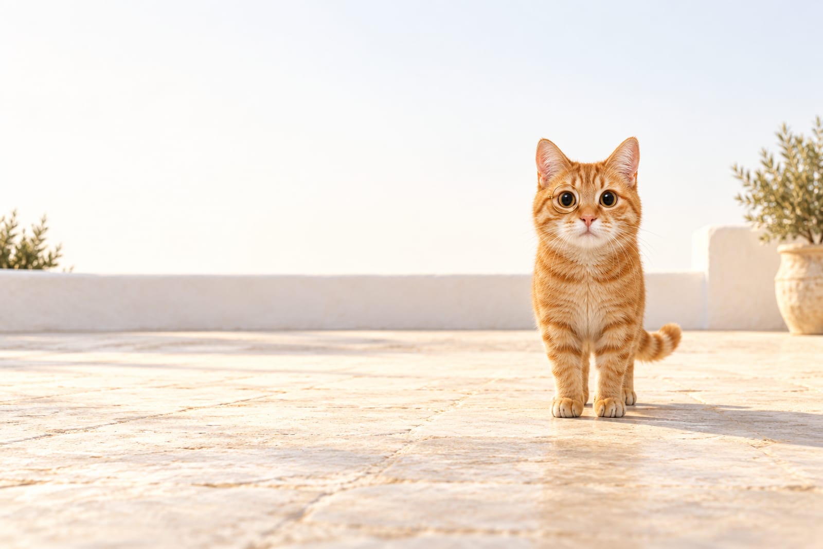 Realistic, front-facing orange tabby cat’s head with darker stripes, round dark eyes, a pink nose, a white muzzle and long white whiskers. A thin gold monocle with a clear lens leaves its right eye fully visible against a plain white background.